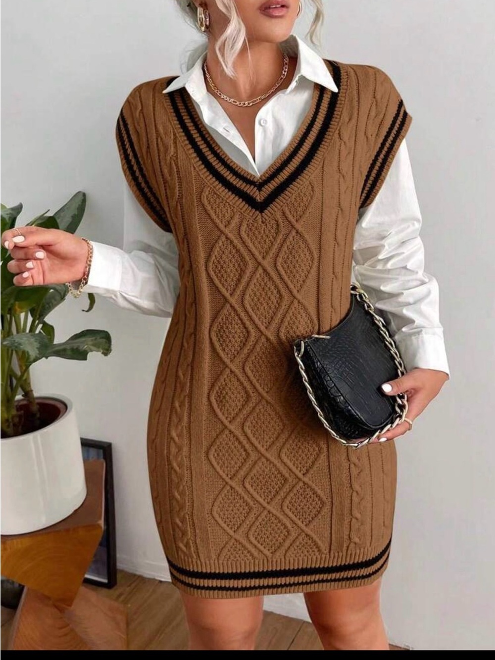 V-Neck Cable Knit Sweater Dress in Brown with Black Trim
